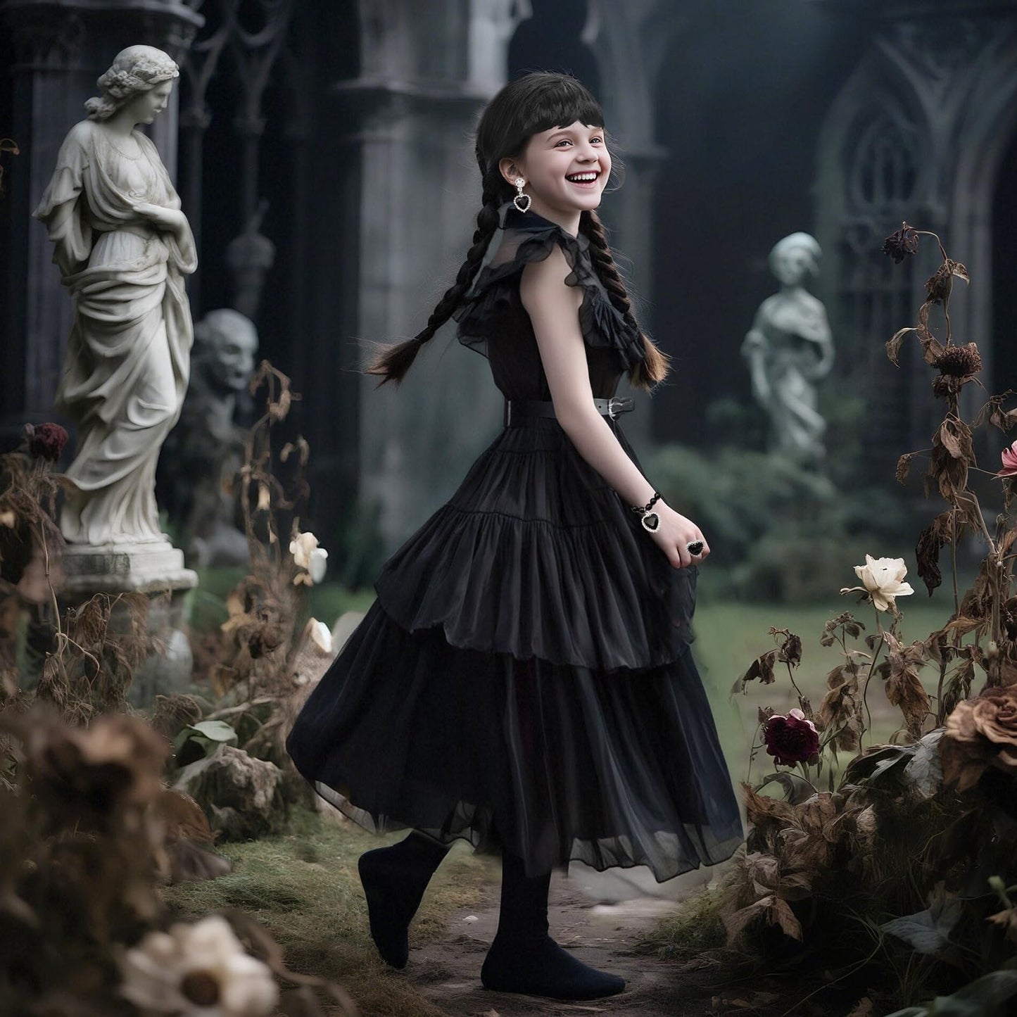 Skknuny Black Tulle Skirt Gothic Dress for Halloween Addams Girls (M)