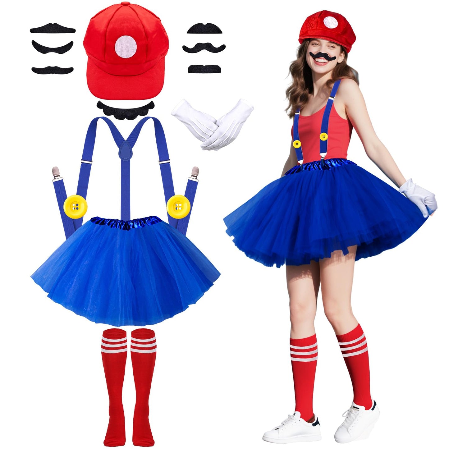 Ainvliya C2 World Book Day 2026 Costume Adults Women, Bros Costume Funny Carnival Costumes Accessories Hats, Tutu Skirt,Gloves, Suspenders, Buttons, Mustaches Cosplay Fancy Dress Party Set Girls Boys