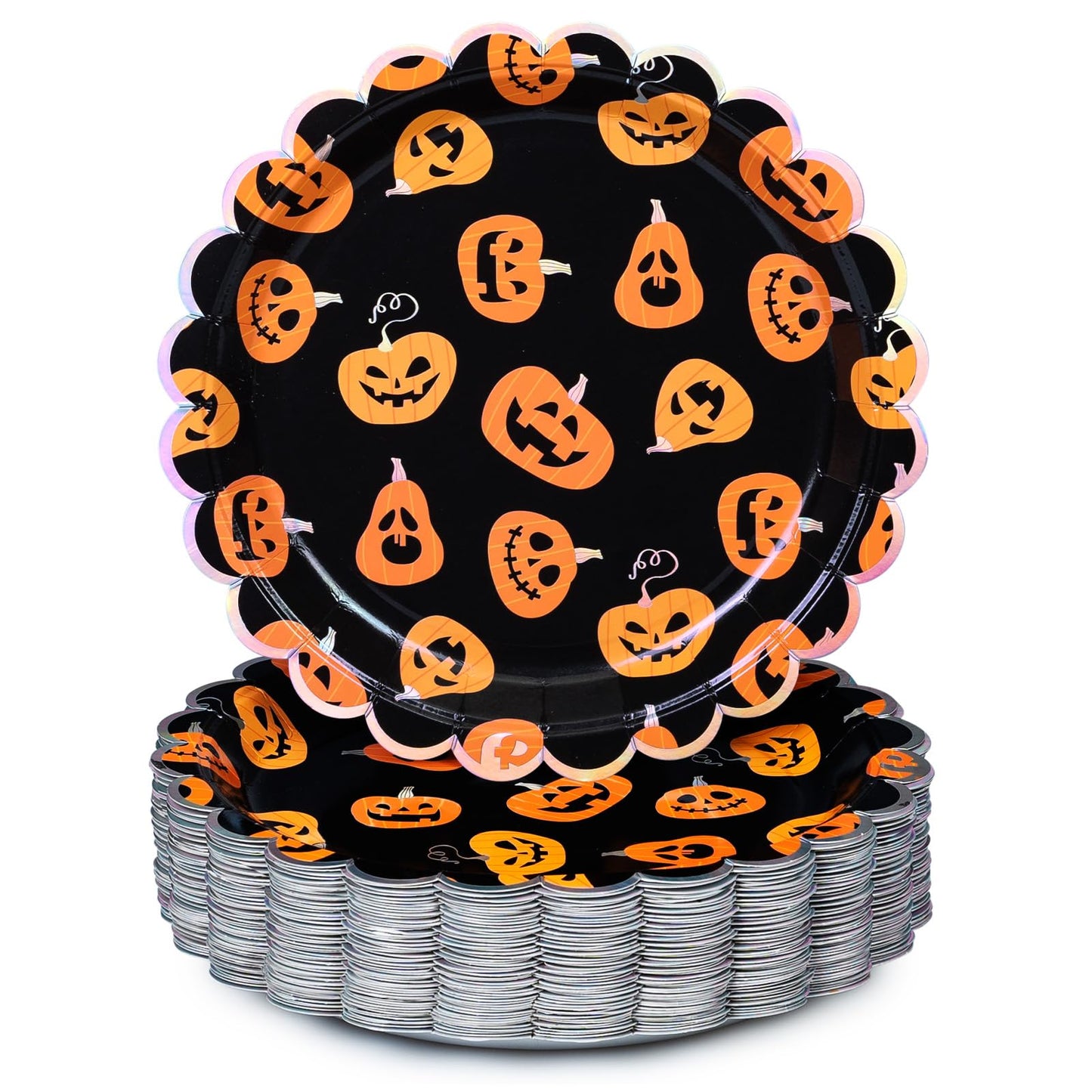 Halloween Paper Plates, 50-Count Disposable Halloween Dinner Plates, Scalloped, Party Supplies, Jack O' Lantern, Iridescent Silver Foil