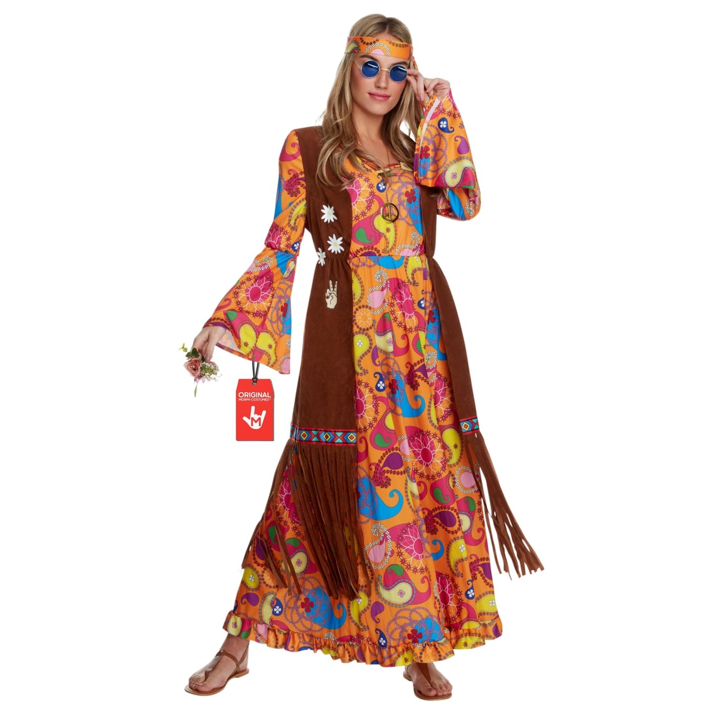 Morph Long Hippie Costume Women, 70s Fancy Dress Women, Hippy Fancy Dress for Womens, World Book Day Costumes Adults, Large