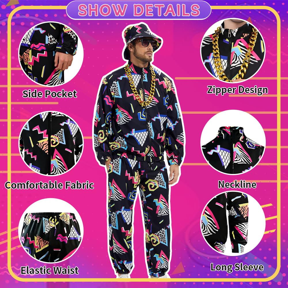 YQVGFBY 80s Outfit Men's 90s Retro Tracksuit Halloween Carnival Costume Jogging Suit Sports Suit Badass Costumes 8pcs (Black, XXL)