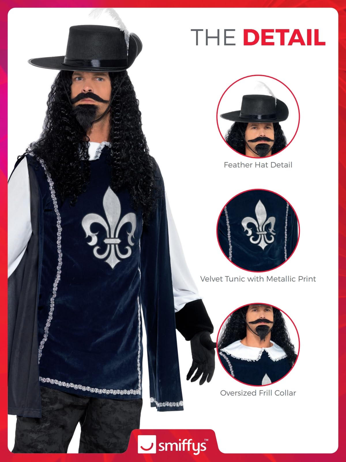 Smiffys Musketeer Male Costume, with Top, Hat, Navy Gloves, Boot Covers, Beard & Tash, Historical Fancy Dress, Medieval Dress Up Costumes