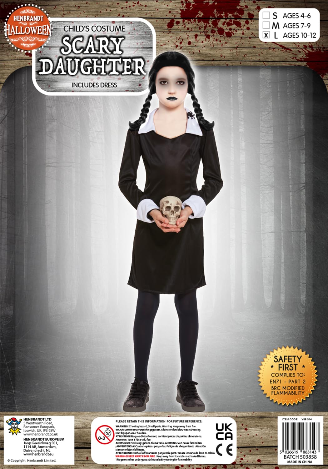 HENBRANDT Children’s Scary Daughter Fancy Dress Costume Long Sleeve Black Dress with White Collar Spooky Family Goth Manor Size Large Ages 10-12 Halloween Fancy Dress for Girls