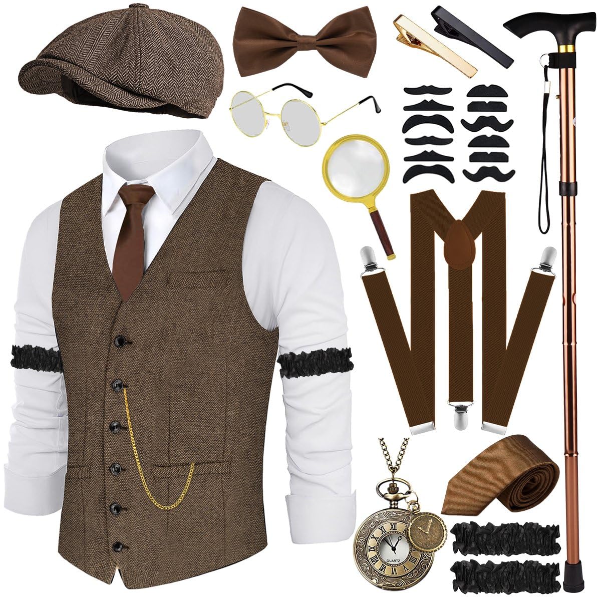 20s Costume Men's Vest with Accessories Braces - Magnifying Glass