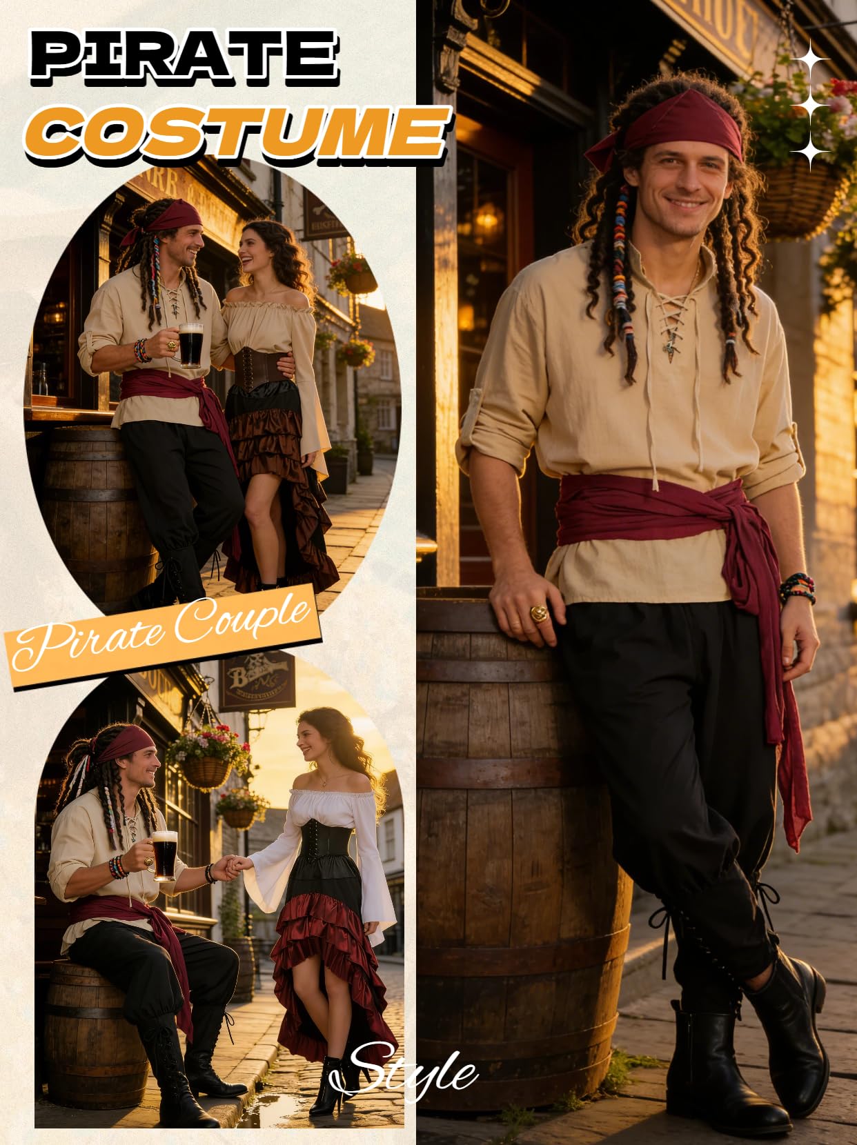 Pirate Costume Adult Men Eye Patch Medieval Shirt Trousers Bandana
