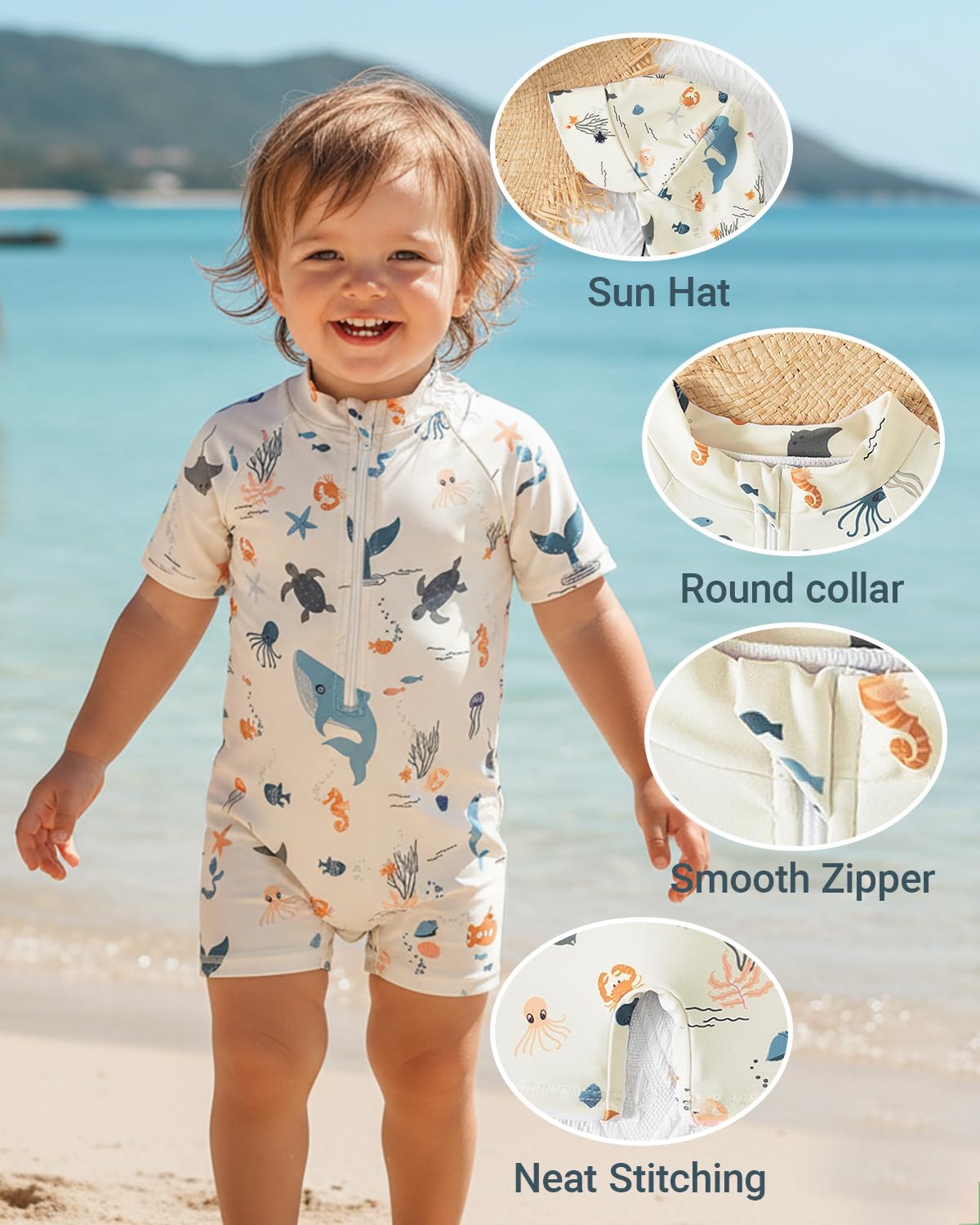 Baby Swimsuit Boys Rash Vest Set 3M-3T – Short Sleeve UPF 50+ Infant Swimming Costume with Hat, Zipper Toddler One Piece Rash Guard Swimwear, Beige Oceam 6-12 Months