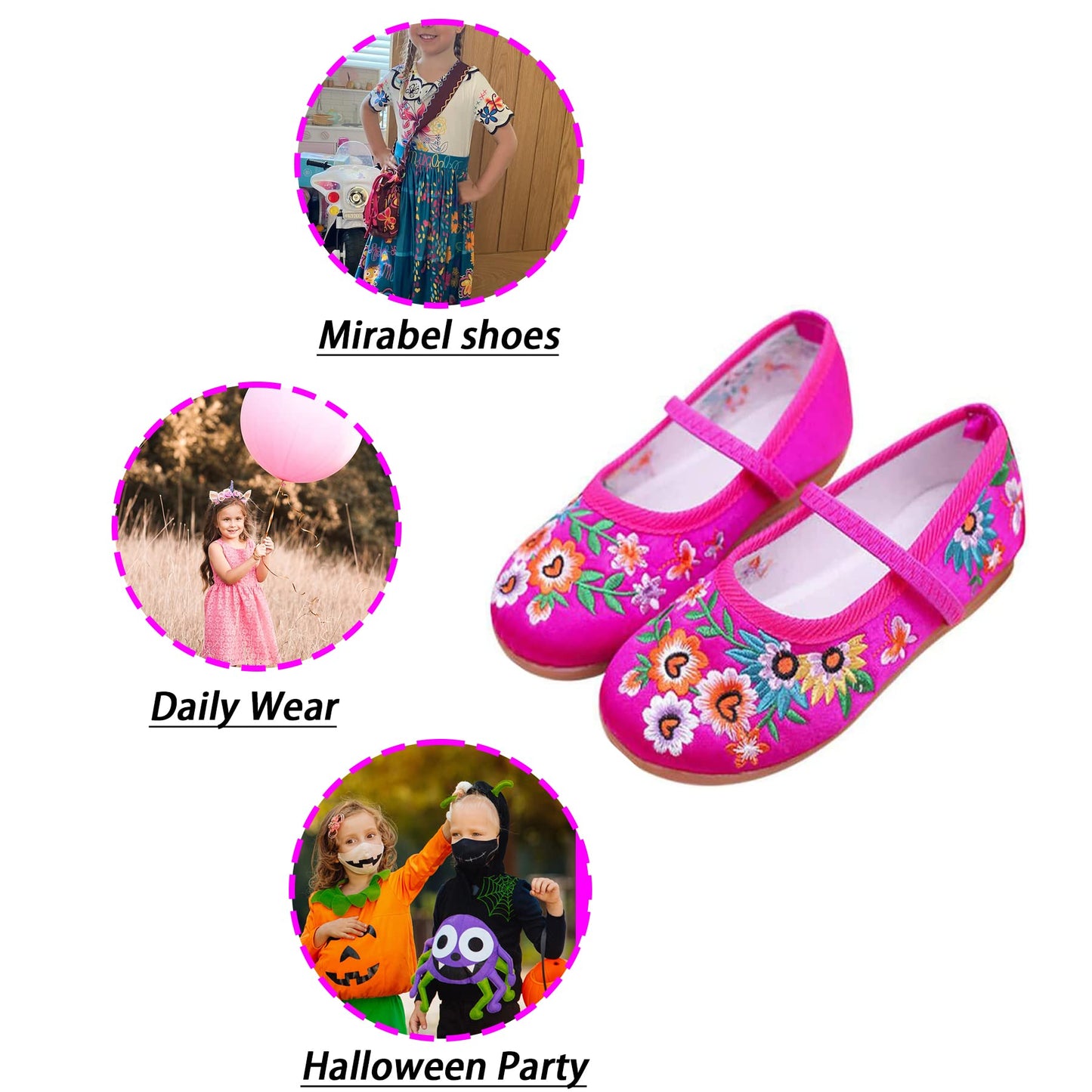 Encanto Mirabel Isabela Madrigal Shoes for Girls Halloween Cosplay Costume Dress Up Outfit Embroidery Mary-Jane Ballerina Flats Shoes Pink