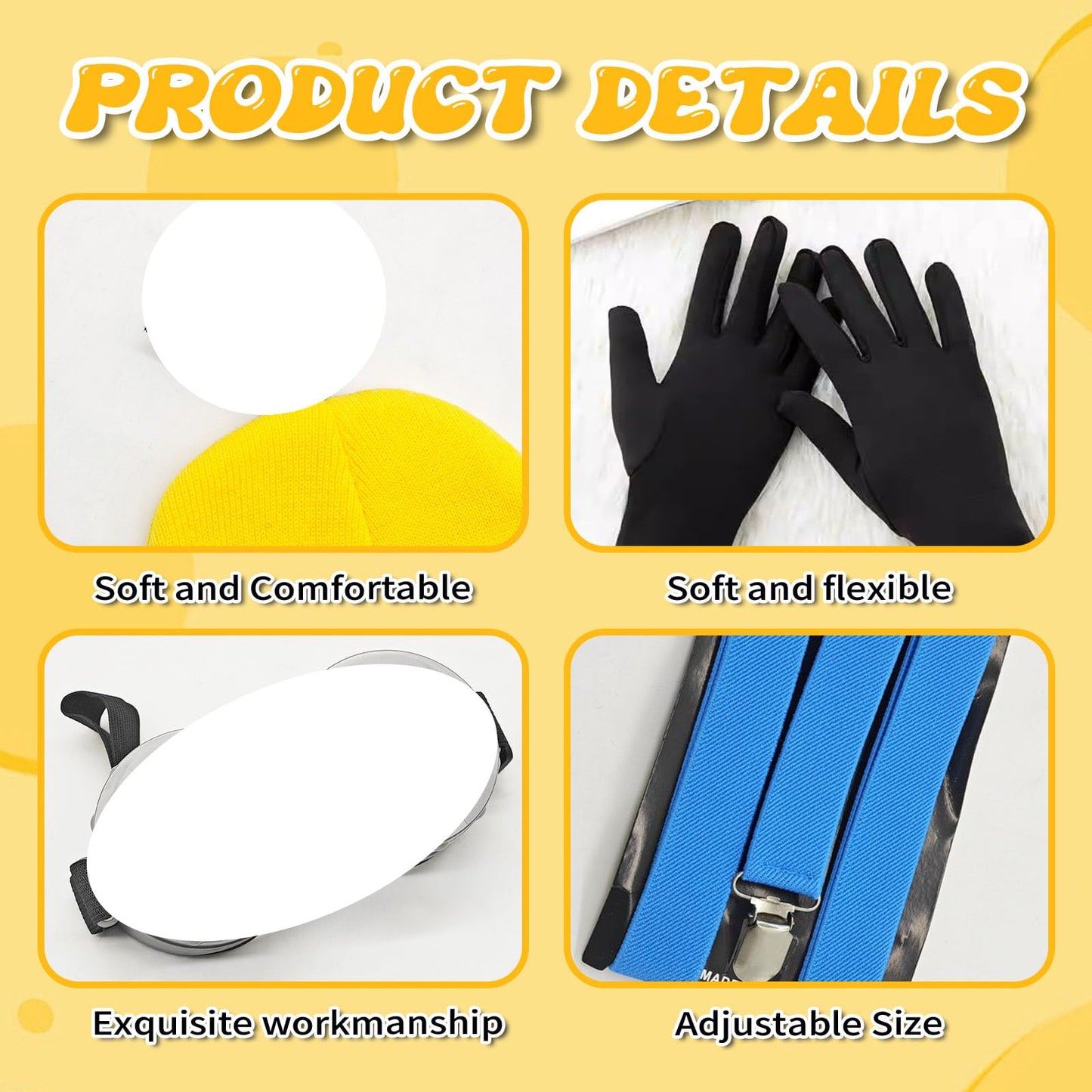 4 Pcs Adults Cosplay Costume Accessories with Yellow Beanie Knit Hat Black Gloves Grey Steampunk Goggles Glasses Blue Shoulder Strap for Halloween Cosplay Party World Book Day Dress up Outfits