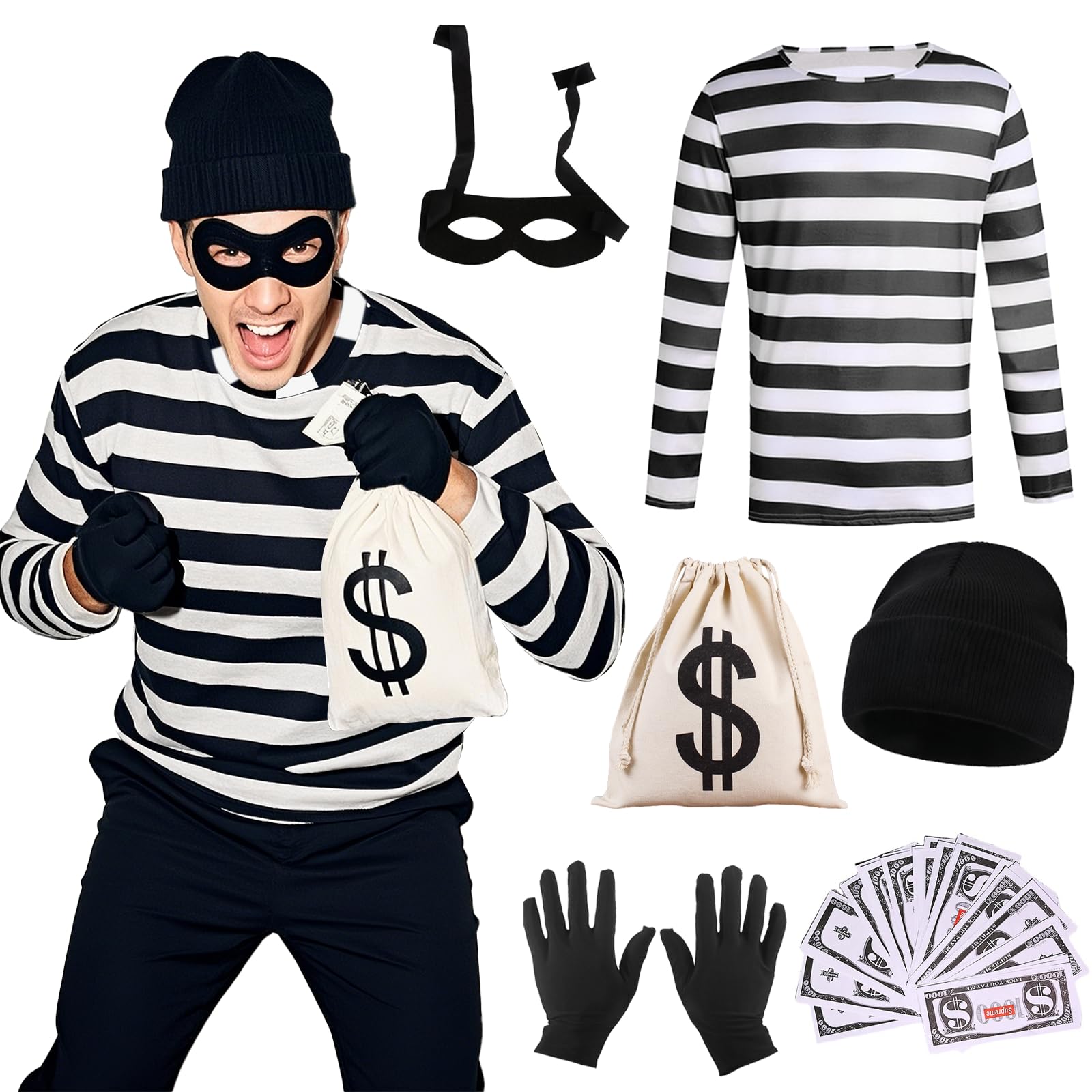 Adults Burglar Costume - Robber Fancy Dress Costume Set - Adult