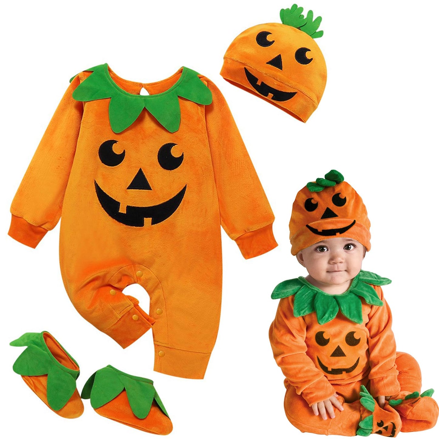 Beipegin Baby Halloween Costume Pumpkin Costume Kids Newborn Outfit Jumpsuit Pumpkin Romper with Hat Shoes for Baby Girls Boys Infant Clothes Set