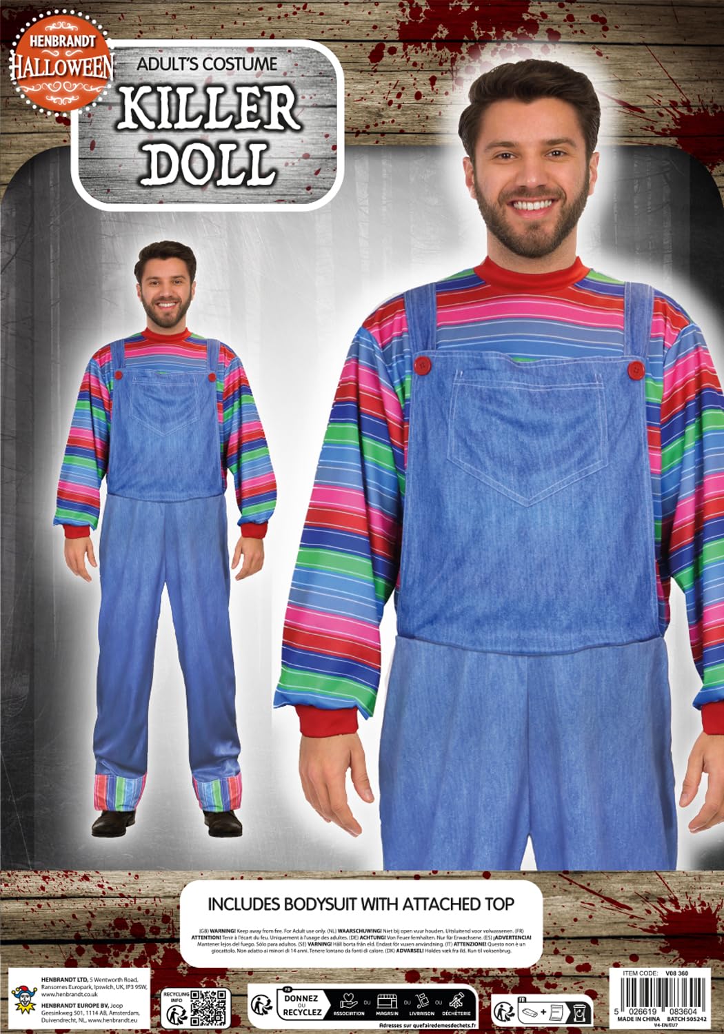 HENBRANDT Adult Killer Doll Costume - Iconic Horror Movie Character Blue Denim Jumpsuit with Multicoloured Striped Sleeves for Halloween Cosplay Fancy Dress Party Unisex One Size