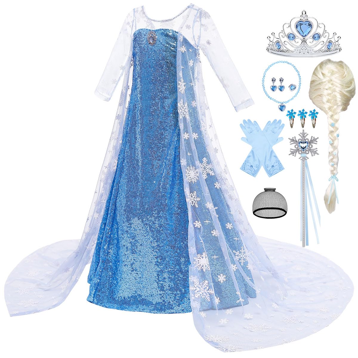 Tyidalin Princess Elsa Dress Snow Queen Costume for Girls with Cape Party Halloween Cosplay, Blue, 6-7 Years(Tag 140)