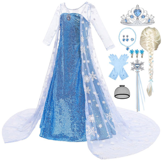 Tyidalin Princess Elsa Dress Snow Queen Costume for Girls with Cape Party Halloween Cosplay, Blue, 6-7 Years(Tag 140)