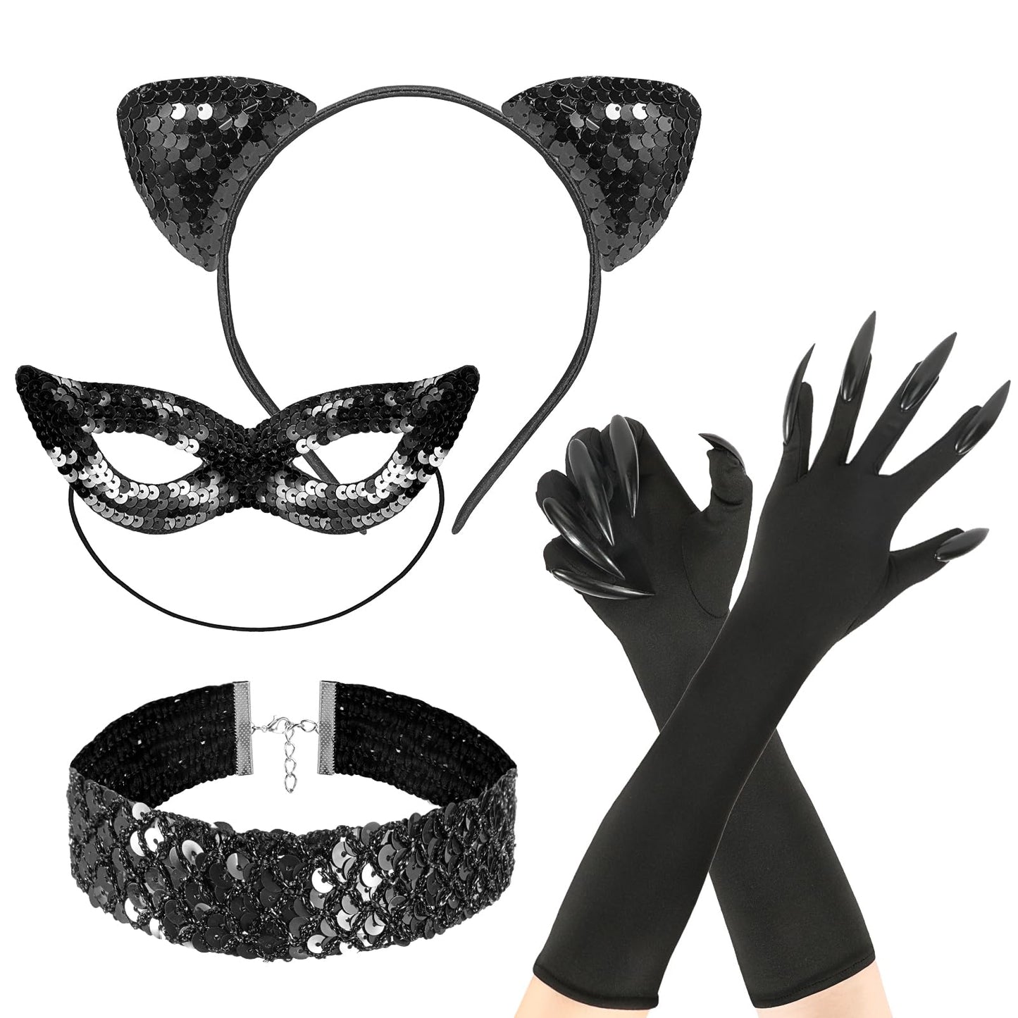 Black Cat Costume for Women Cat Ear Headband Sequins Masquerade