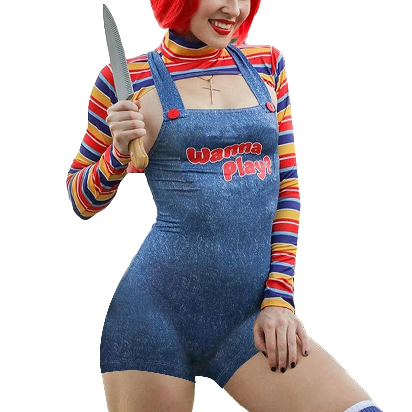 Niceyoeuk Women 2 Pcs Halloween Costumes Scary Nightmare Killer Doll Wanna Play Movie Character Bodysuit Chucky Doll Cosplay Costume Set (Blue, S)