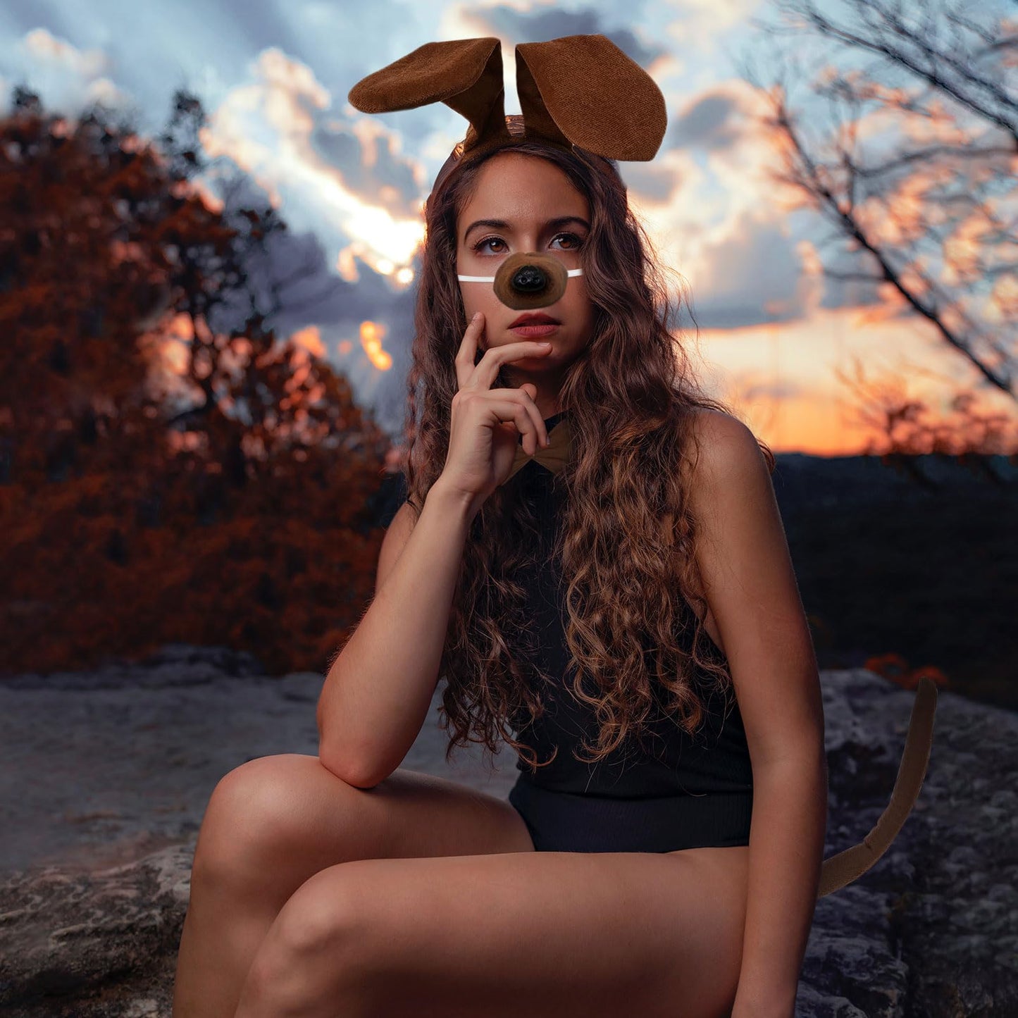 Dog Costume Set - Include Brown Dog Ears Hairband and Tail Dog Nose