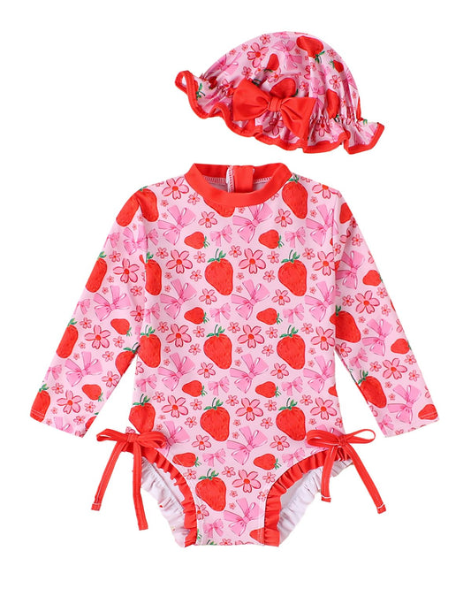 Pink long sleeve baby swimming costume front view