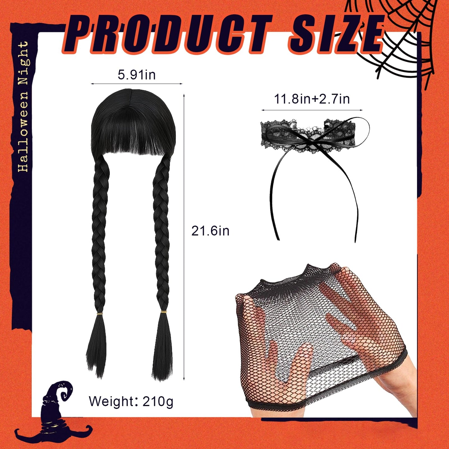 SSKHE 3Pcs Black Braided Wig for Women and Children, Cosplay Accessory for Wednesday Addams, Halloween Costume Hairpiece, Braided Design for Dress-up, Kids' Wigs, Party Hair Accessories