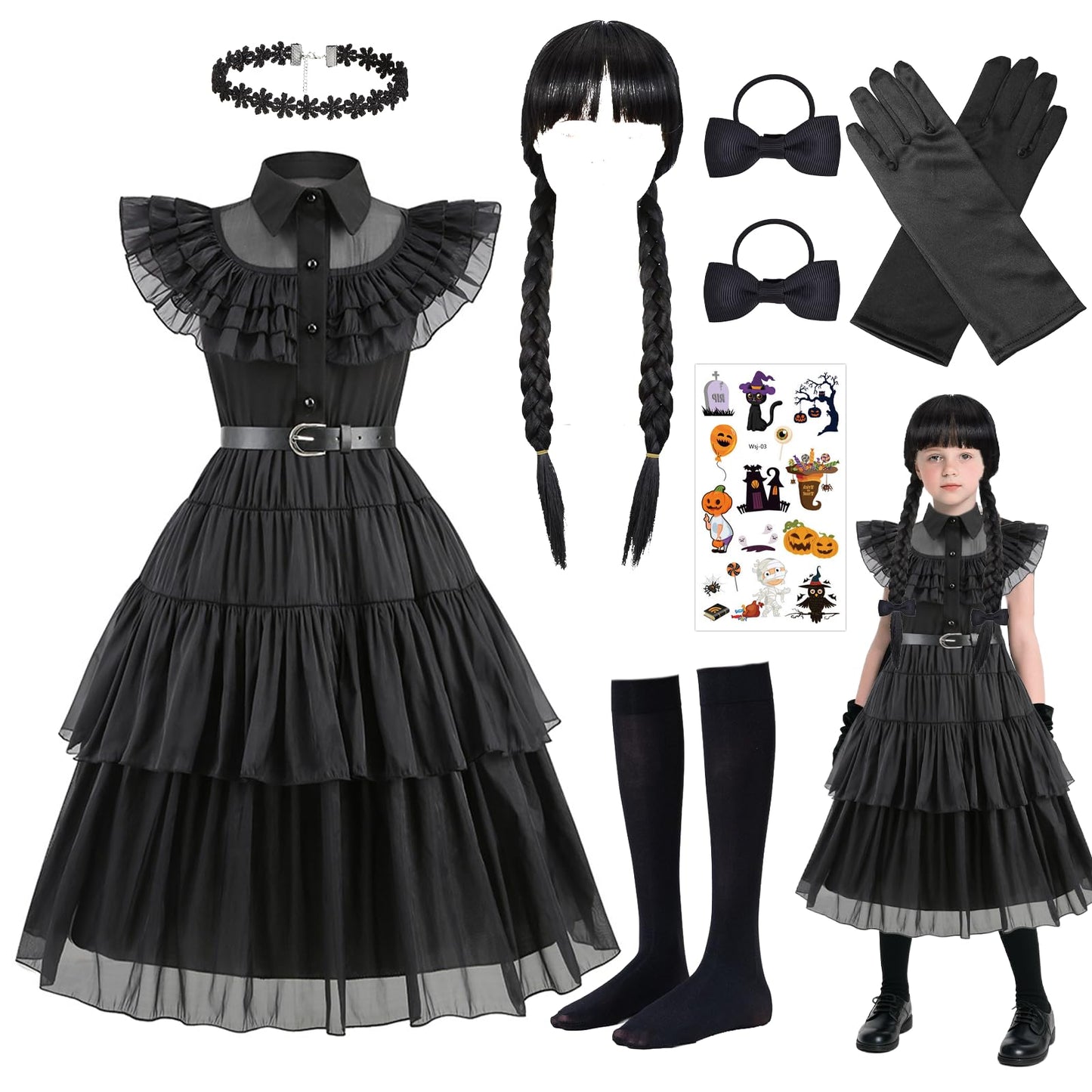Carreuty 8 Pcs Black Princess Costume Dress Girls Sets, Black Family Dress up Outfits for Kids with Wigs Gloves Socks Hair Bands Tattoos, Gothic School Fancy Dress for World Book Day Halloween