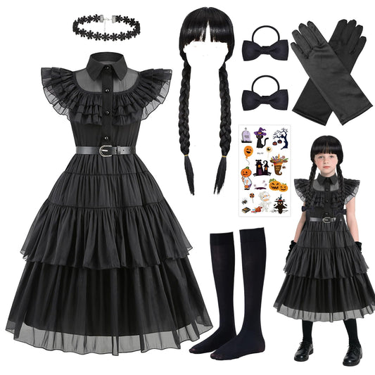 Carreuty 8 Pcs Black Princess Costume Dress Girls Sets, Black Family Dress up Outfits for Kids with Wigs Gloves Socks Hair Bands Tattoos, Gothic School Fancy Dress for World Book Day Halloween