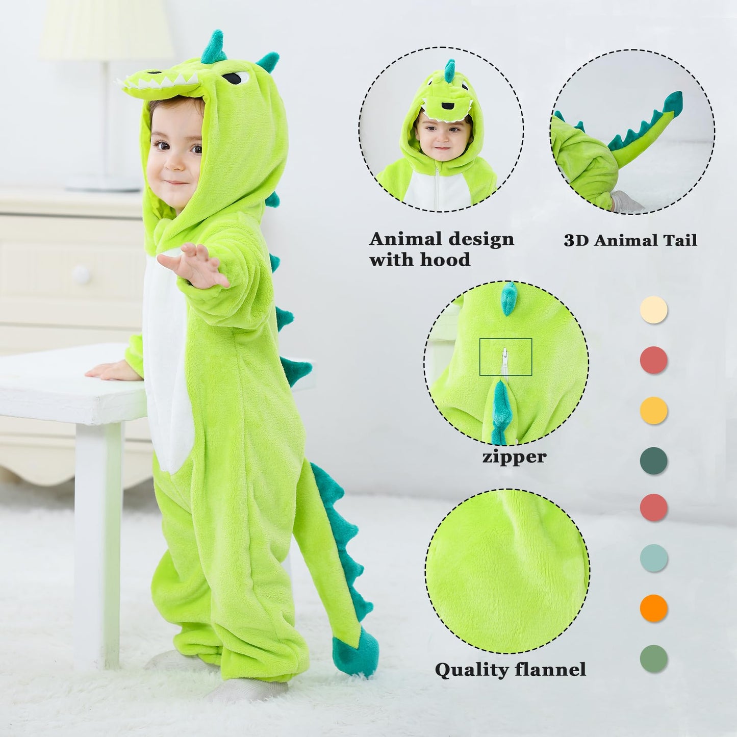 Doladola Unisex Baby Onesie Animal Cartoon Cat Jumpsuits Toddler's Hooded Rompers Outfit (2-3 Years,Green Dinosaur)