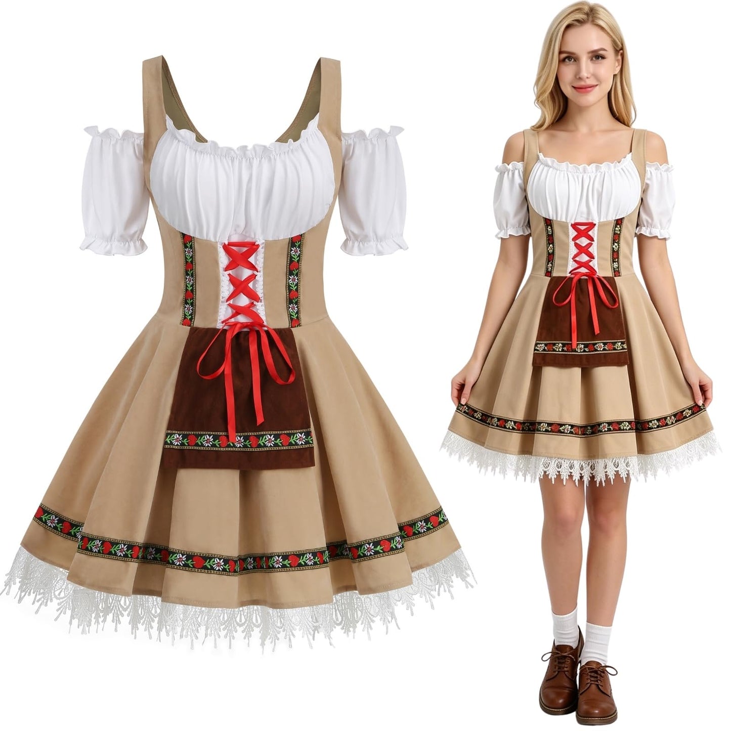 maxToonrain Oktoberfest Outfit Women Off-Shoulder Traditional Bavarnian Short Sleeve Off Shoulders German Beer Maid Costume with Embroidery for Oktoberfest, Halloween & Themed Parties (Khaki, M)