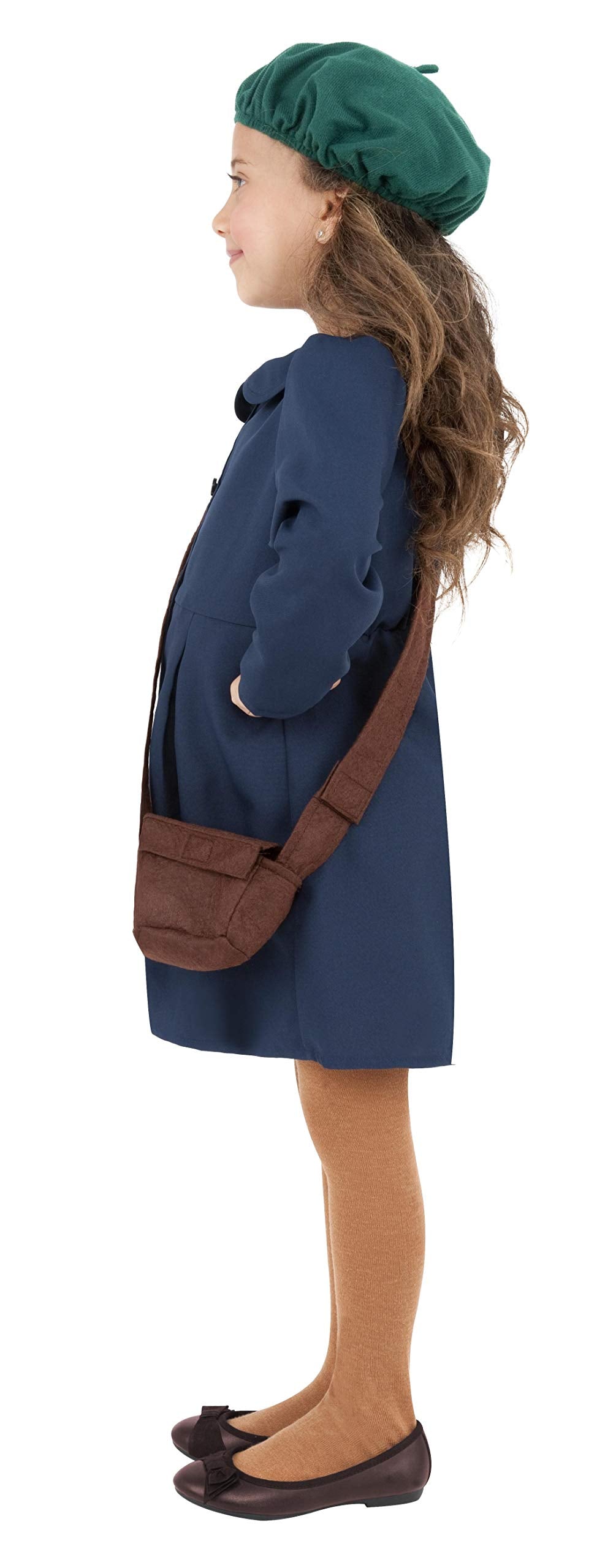 Smiffys World War II Evacuee Girl Costume, Blue with Dress, Hat & Bag, Girls Fancy Dress, 1940s Dress Up Costumes
