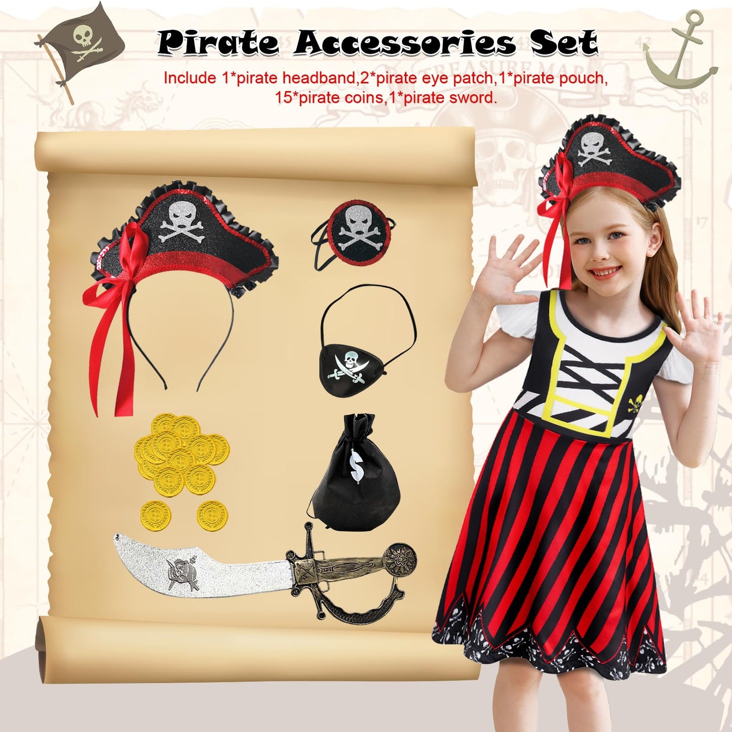 Berich Girls Pirate Costume Kids Halloween Costumes for Girls World Book Day Dress up Pirate Hat Eye Patch Headband Sword School Pretend Play Outfit Kids Dressing up Clothes 5-6 Years, Size 130, Red