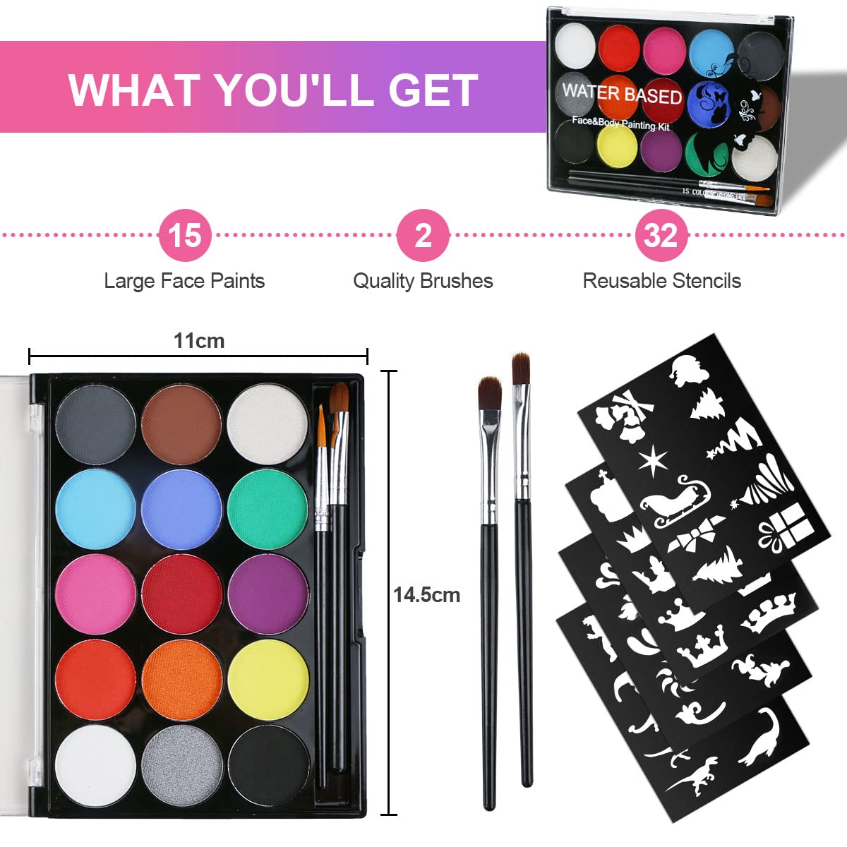 URAQT Face Paint, 15 Color Face Painting Palette with 2 Brushes 32 Stencils, Washable Face Paints Safe Body Paint for Adults Kids Halloween Carnival, Makeup Paint Non-Toxic to Use