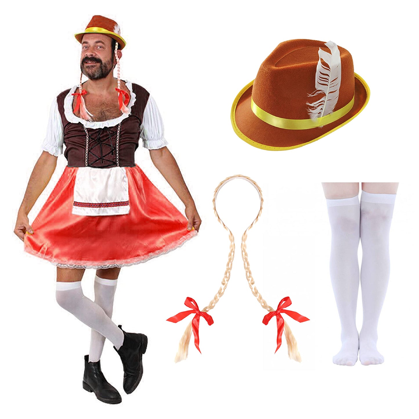 Mens Bavarian Dress Costume - Small - Brown and Red Dress, Blonde Plait Wig, Brown Bavarian Hat, White Stockings - Adults Bavarian Oktoberfest Stag Do Fancy Dress Costume
