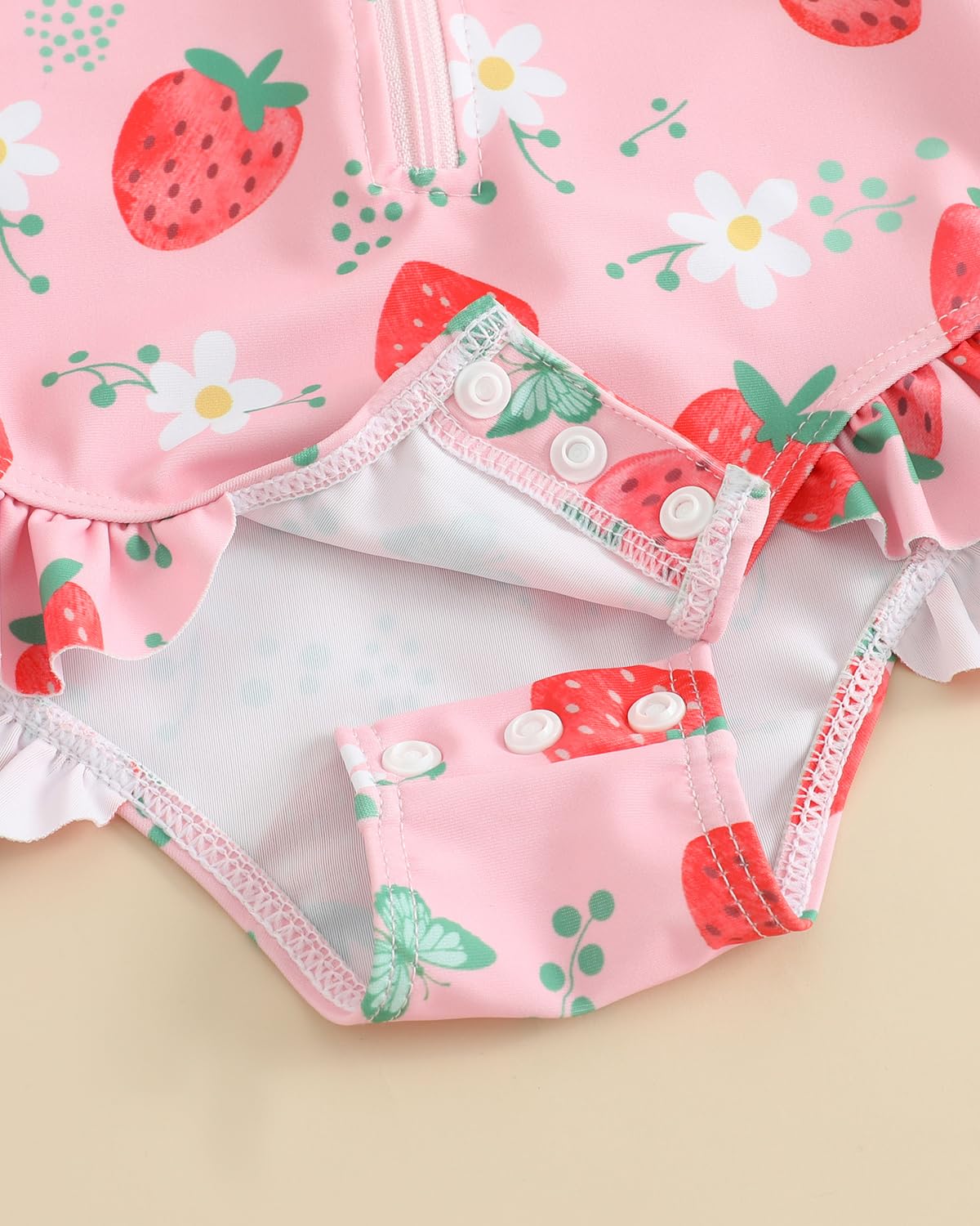 Newborn Baby Swimsuit Girl 3-Piece Set 0M-3T, Long Sleeve Toddler Swimming Costume with Hat & Headband, UPF 50+ Infant Rash Vest Front Zipper & Snaps, Pink Strawberry 0-3 Months
