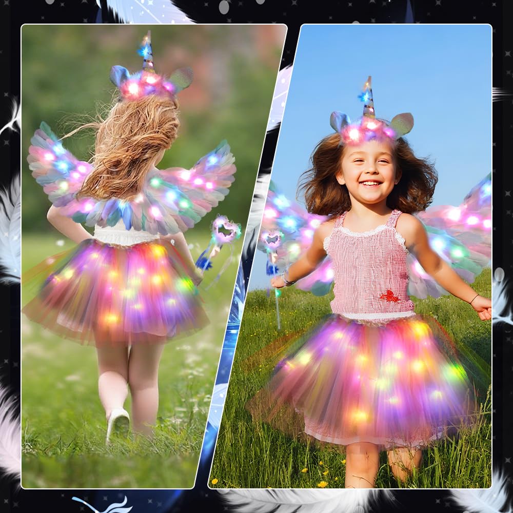 KUWUNG Light Up Fairy Costume for Girls, Kids Glowing Unicorn Costume with Feather Wings, LED Tutu Skirt, Magic Wand, Unicorn Headband, Children Fancy Dress for Halloween Christmas Carnival Party
