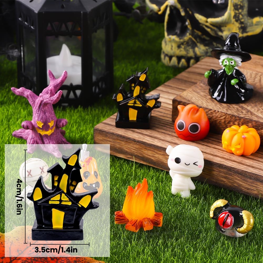 XIMISHOP 50PCS Halloween Mini Resin Figurines，Funny Little Small Halloween Resin Statue Tiny Miniature Pumpkin Ghost for Halloween Garden Landscape Desk Decor