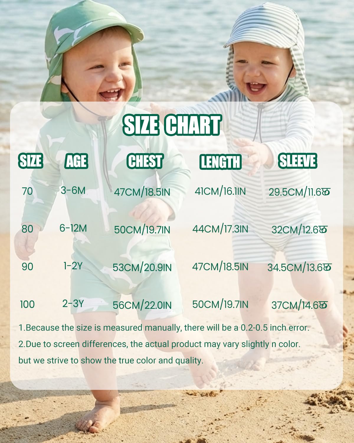 Baby Swimsuit Boy Girl Rash Vest Set 0M-3T, Long Sleeve UPF 50+ Infant Swimming Costume with Hat, Zipper Toddler One Piece Rash Guard Swimwear, Green Stripe 1-2 Years