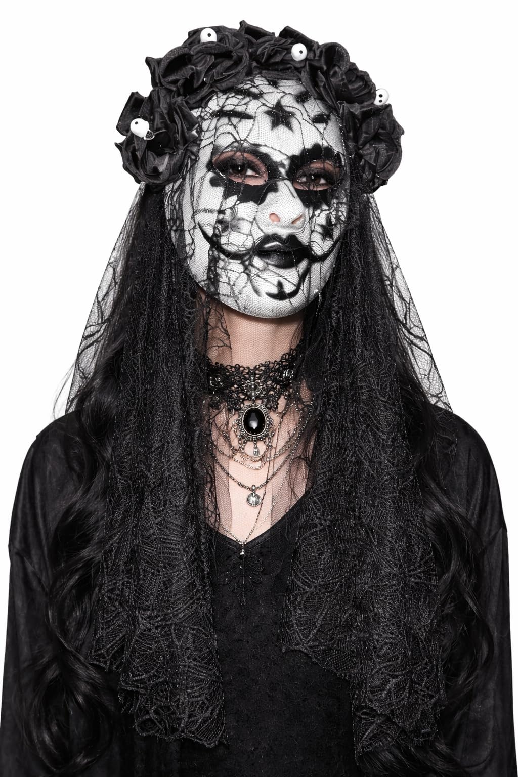 eBoutik - Womens Day of the Dead Halloween Headband with Black Rose Veil & Sugar Skull Face Mask - Mexican Day of The Dead Sugar Skull Novelty Costume Undead Festival Dress Up For Women
