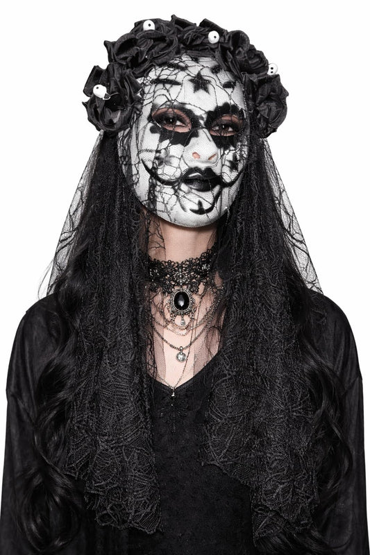 eBoutik - Womens Day of the Dead Halloween Headband with Black Rose Veil & Sugar Skull Face Mask - Mexican Day of The Dead Sugar Skull Novelty Costume Undead Festival Dress Up For Women