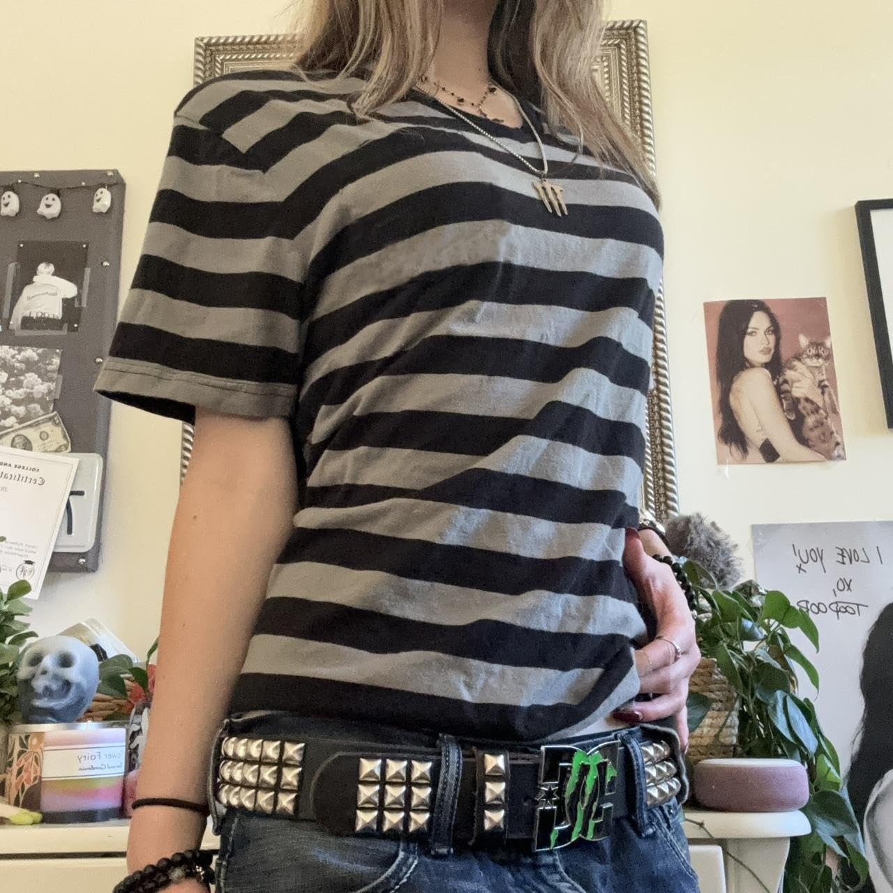 Womens Y2k Grunge Shirts Striped Baggy Crew Neck Short Sleeves Emo (image 3)