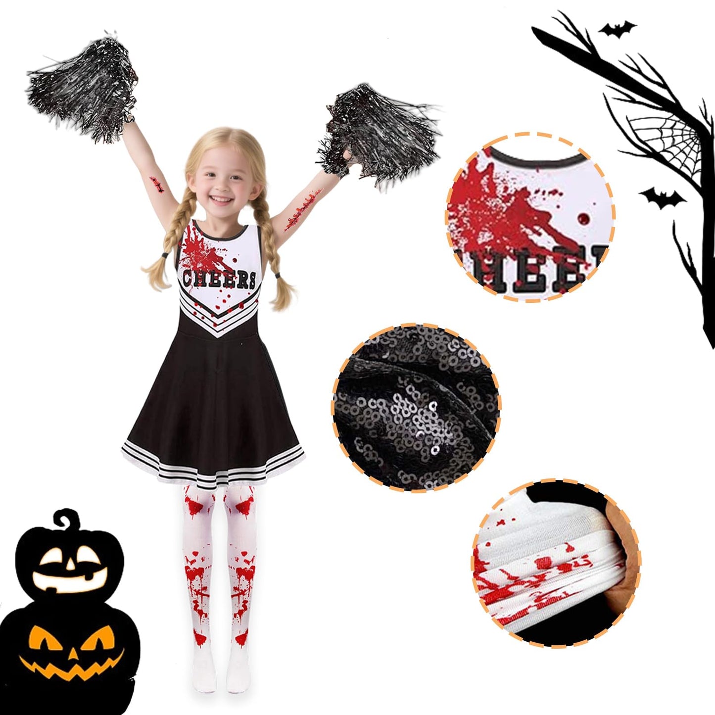 Pddenality 9 PCS 130 Yards Zombie Cheerleader Costume Kids Set, Cheerleader Outfit Kids, Girls Halloween Costume, Zombie School Girl Costumes Suitable for Attending Halloween or Parties