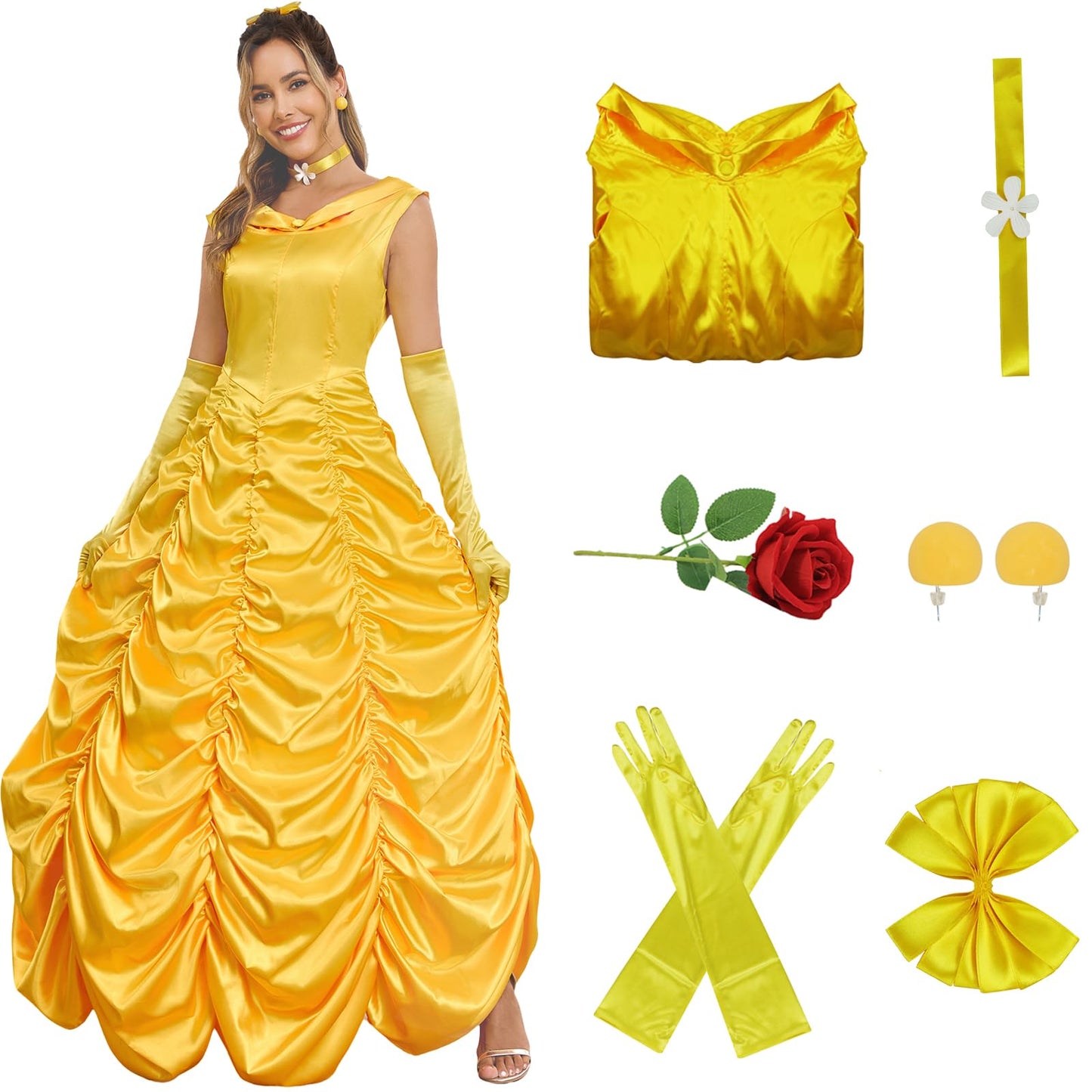 Princess Belle Costume Women Beauty Fairytale Long Dress Gown Off