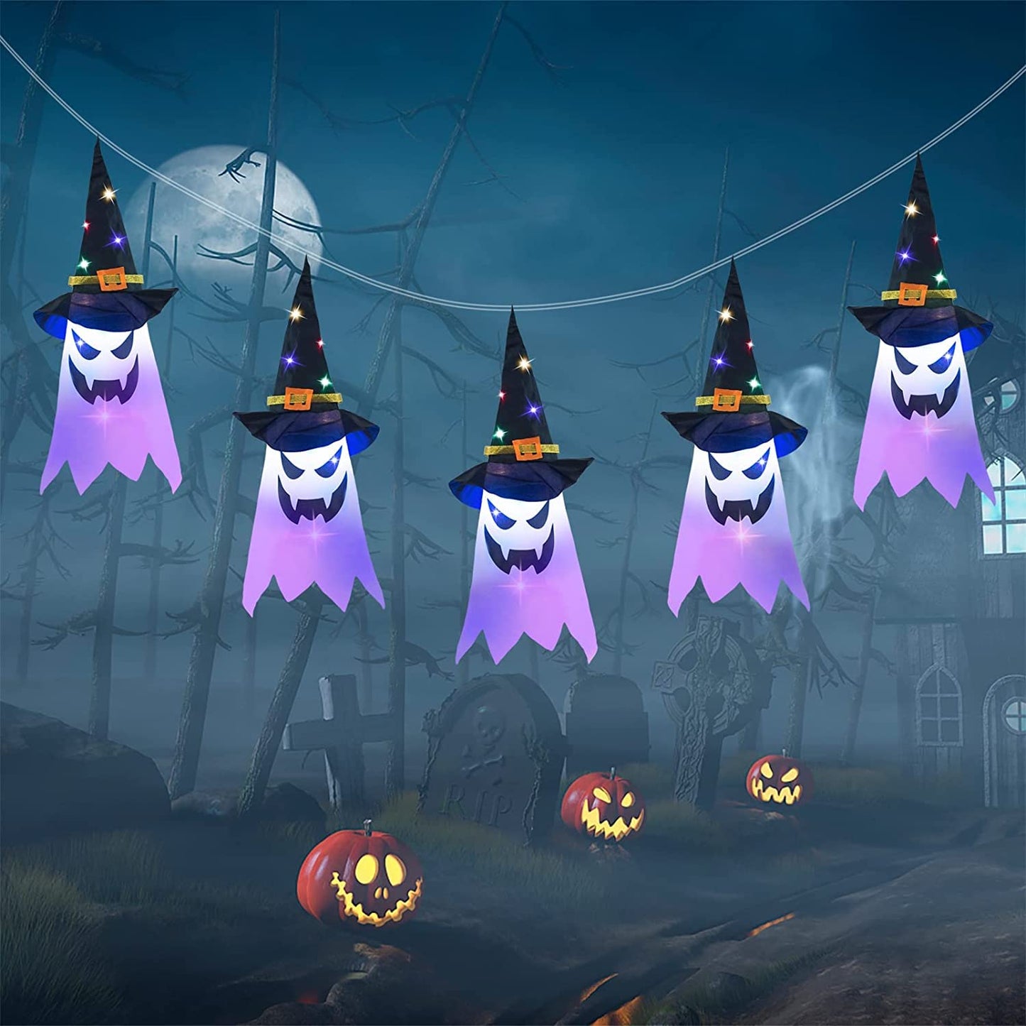 SHAVINGFUN Halloween Decorations Outdoor,5 Pcs Extra Long Glowing Ghost Witch Hat Halloween Indoor Decorations,3 M Waterproof Glowing Witch Hat for Garden, Yard, Tree