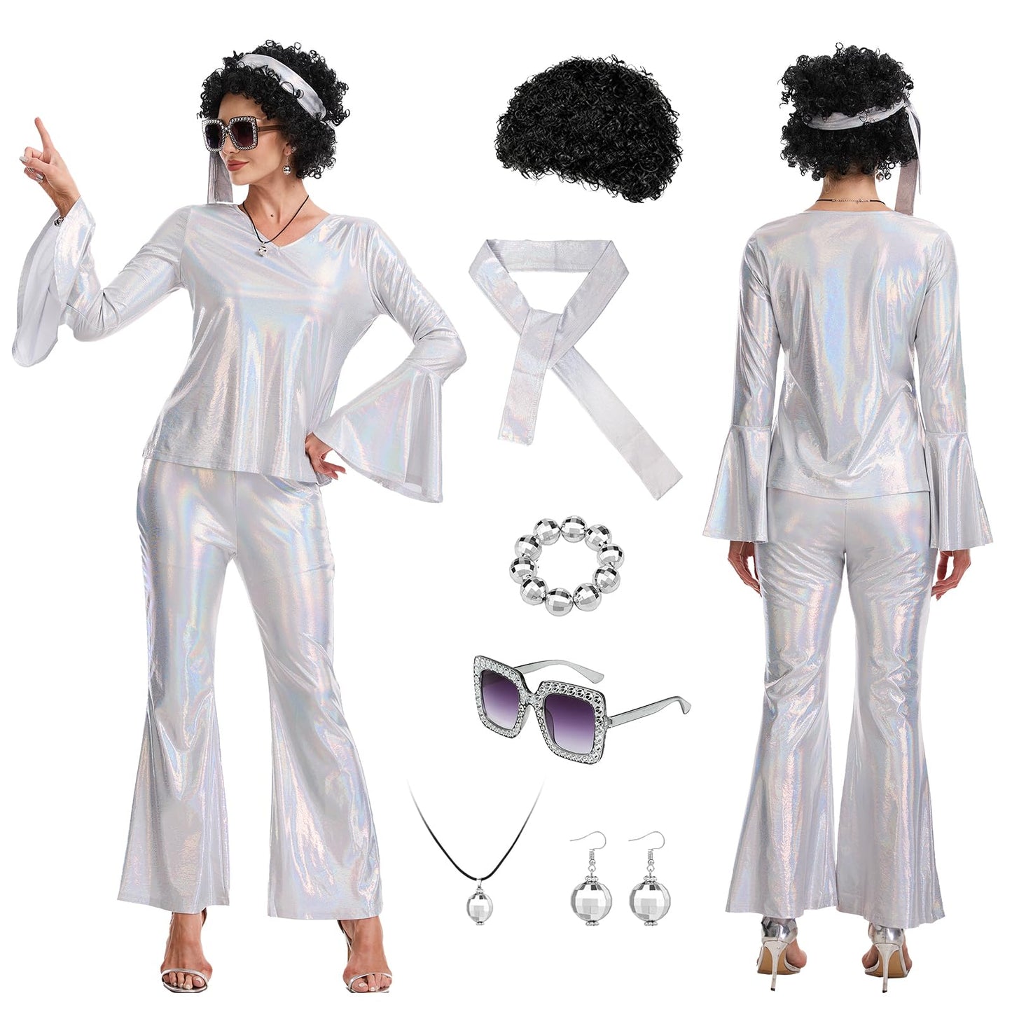 HZVRTN 70s Fancy Disco Outfits Women,70s Shiny Disco Costume Set for Carnival Halloween Cosplay Party (Silvery, 2XL)