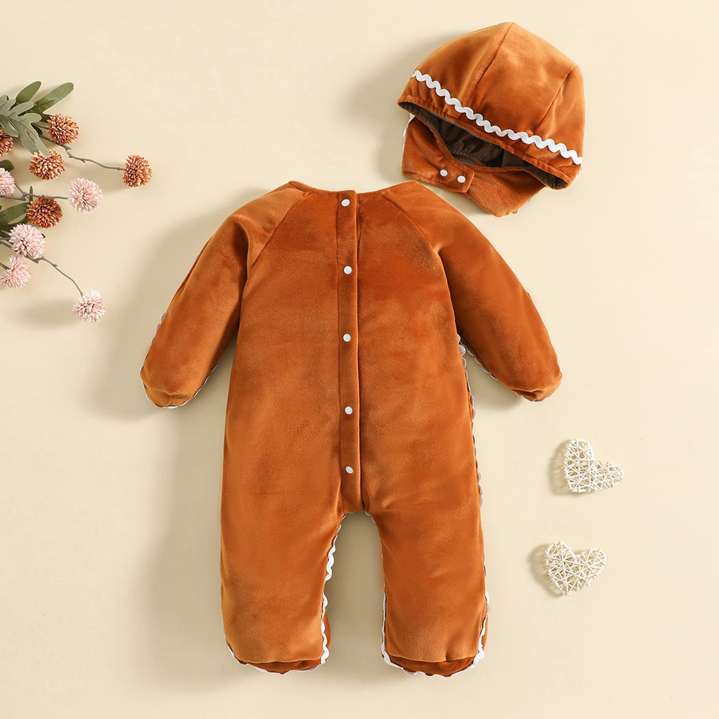RUINIXCW Toddler Baby Boys Gingerbread Rompers Costumes Long Sleeve Jumpsuits Plush Bowtie with Hat Infant Christmas Outfits (Brown, 0-3 Months)