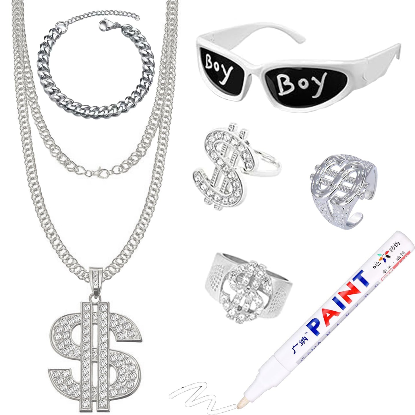 DONGZQAN 8PCS Soulja Boy Hip Hop Costume, 2000s Rapper Chain Costume, Gold Chain Dollar, 90s Fancy Dress Men, Hip Hop Costume, Hip Hop Ring, Hippie Glasses For Hippie Rapper Disco Outfit