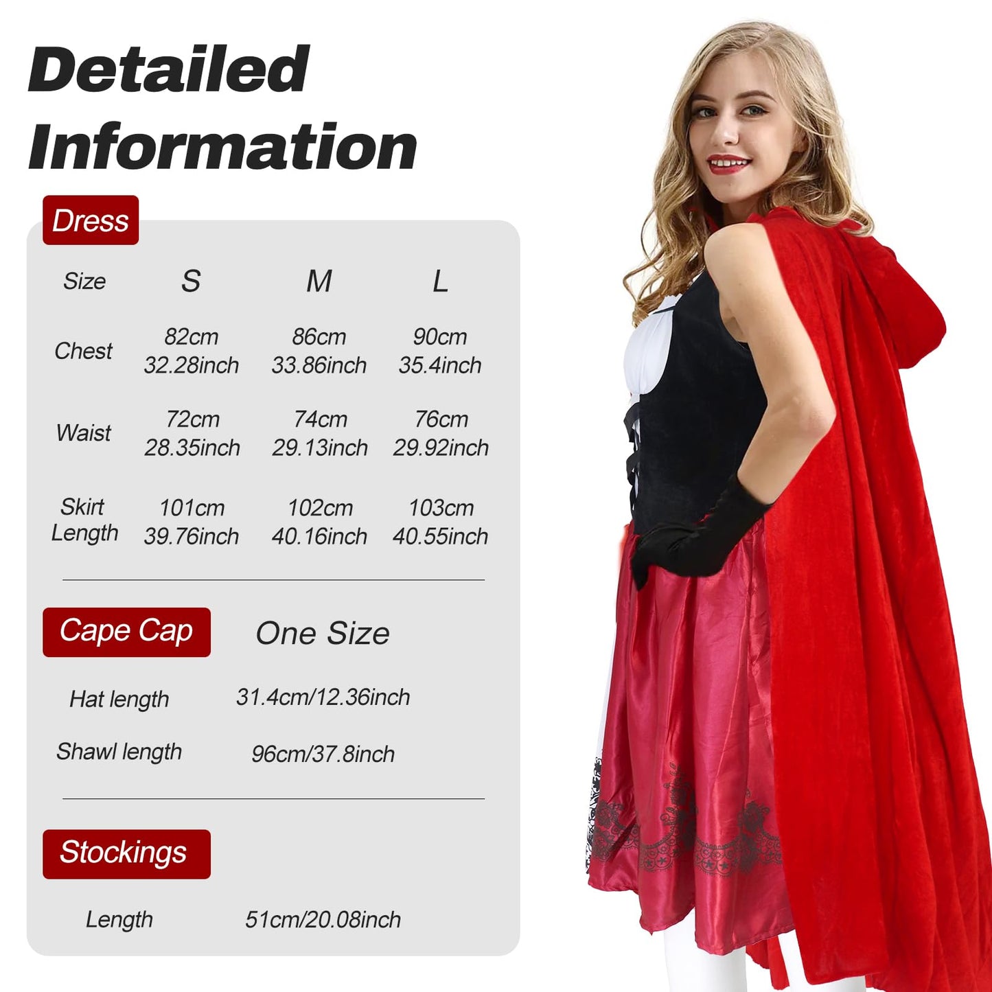 Oerphh 3PCS Adult Red Dress Costume Set for Women Halloween Fancy Dress Costumes with Hooded Cape Cloak Knee Thigh High Socks for Christmas Role Play Outfit (Red, M)