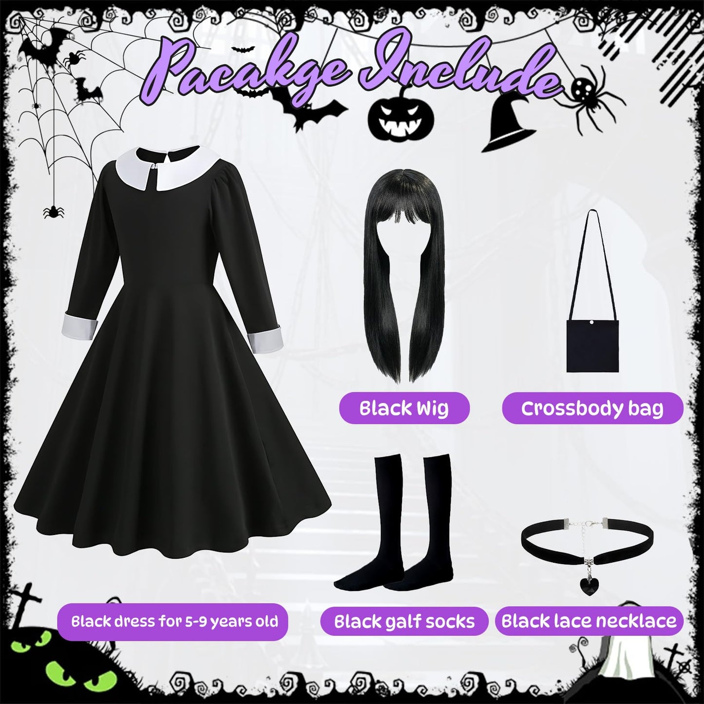 YAEGIMHT 5PCS Black Gothic Princess Costume Set for Girls, Kids Fancy Dress Outfit with Skirt, Wig, Socks, Necklace & Bag for Halloween Party Cosplay (140)