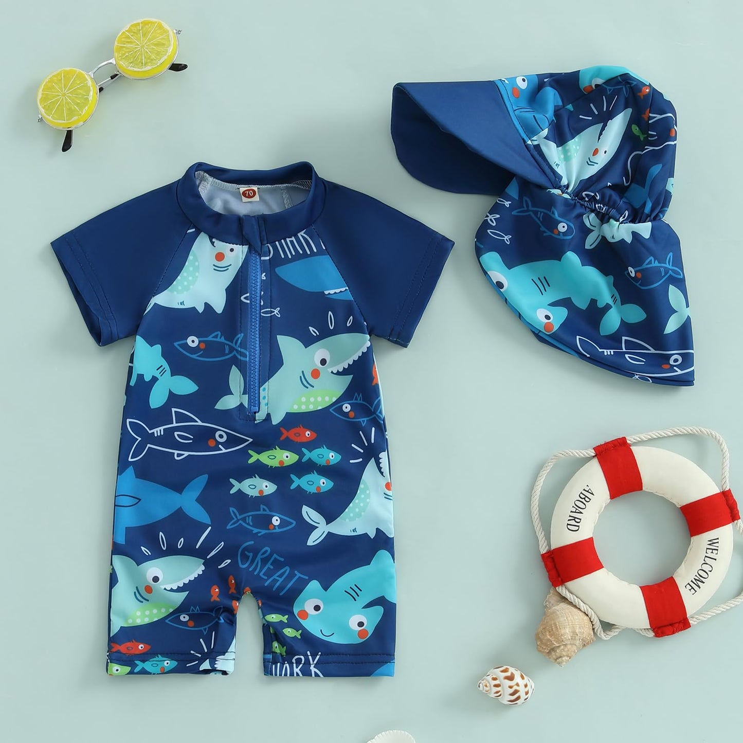 Geagodelia Baby Boy Swimming Costume Toddler Boy Swimsuit Infant Bathing Suit Short Sleeve One Piece Rash Guard Sun Hat Summer Beachwear (Blue, 6-12 Months)