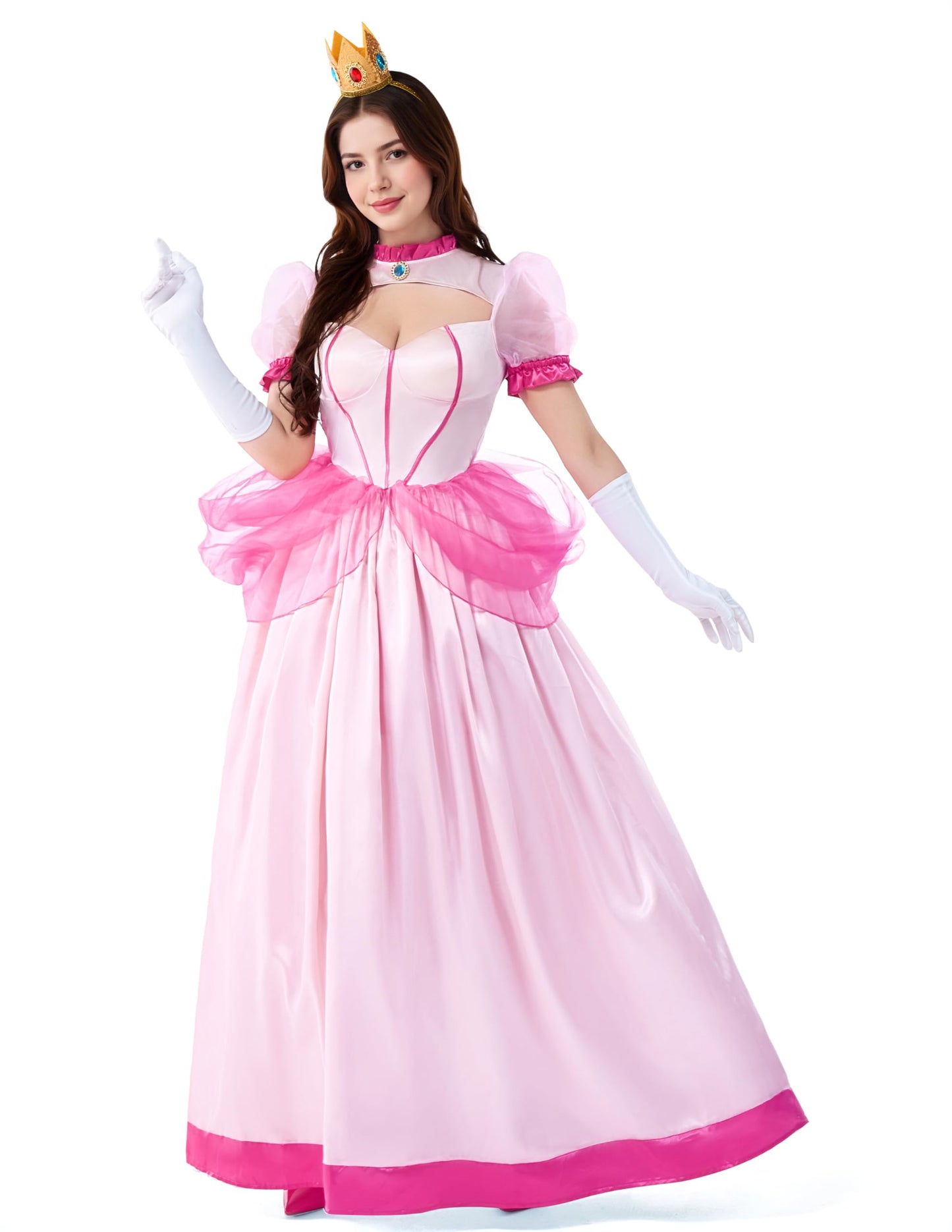 Women Peach Pink Dress Costume with Gloves and Crown - Princess