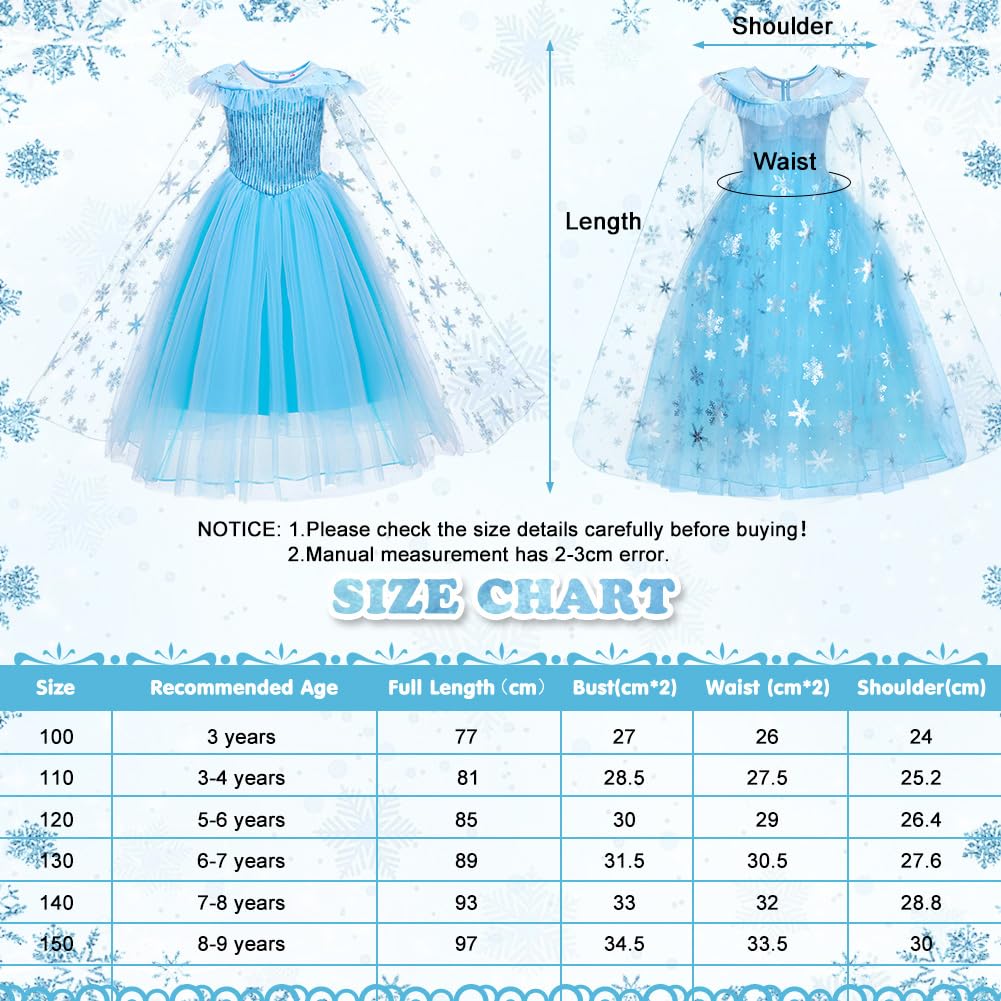 AYBUY Princess Dress Costume, Blue Princess Costume with Cape Train Wand Crown, Girls Fancy Dress for Halloween Christmas Party Cosplay,120