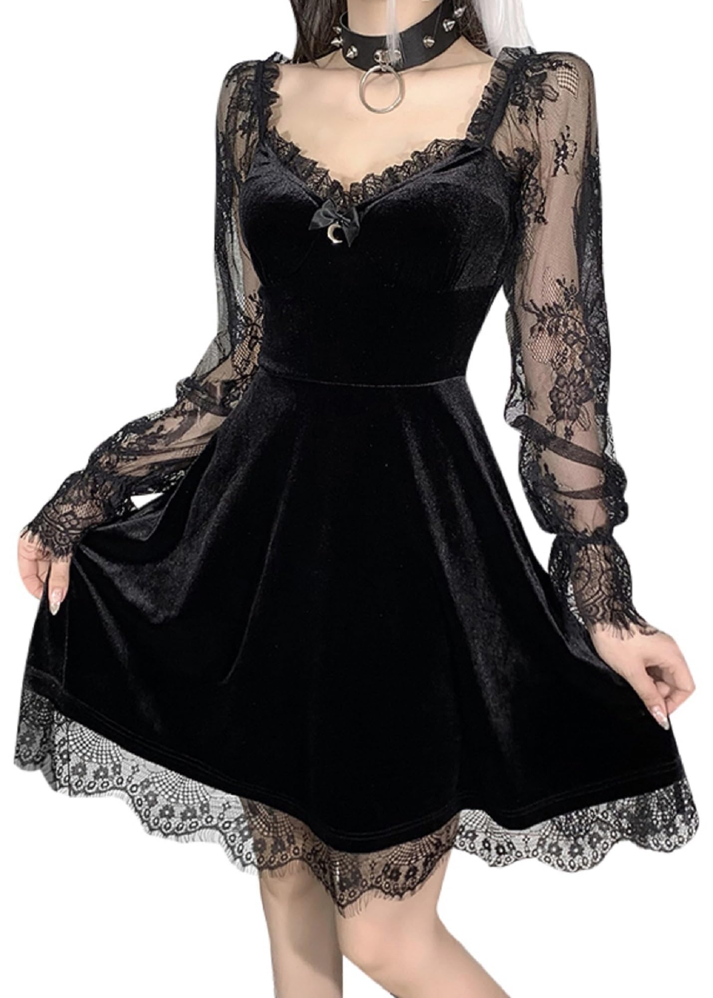 Autumn Velvet Dress Women High Waist Long Sleeve Gothic Punk Lolita