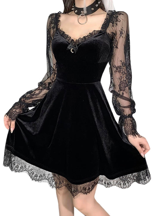 Black velvet Gothic Lolita mini dress with long sleeves